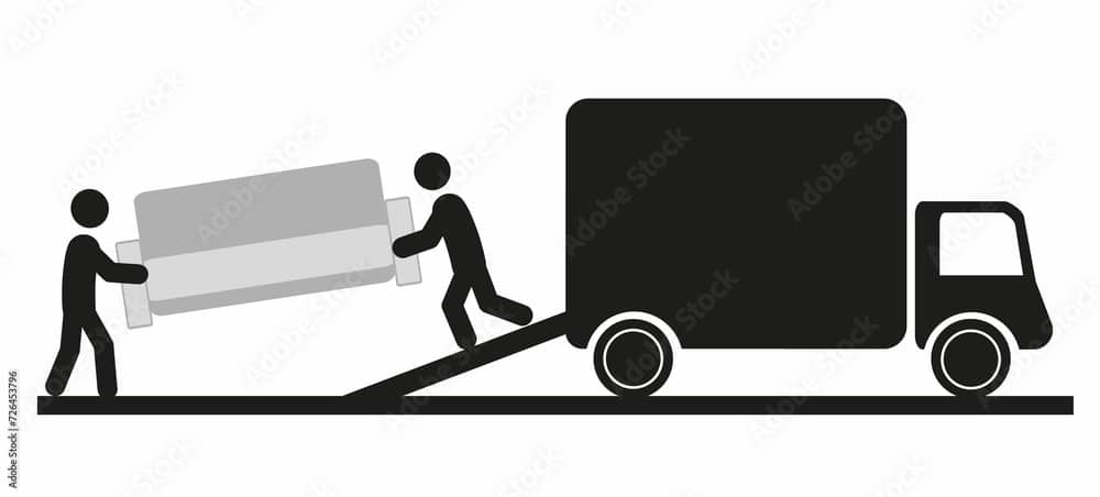 Furniture Delivery, Pictogram, Two Movers Carrying A Sofa, Figures Of People, A Truck For Furniture Delivery, Flat  Illustration