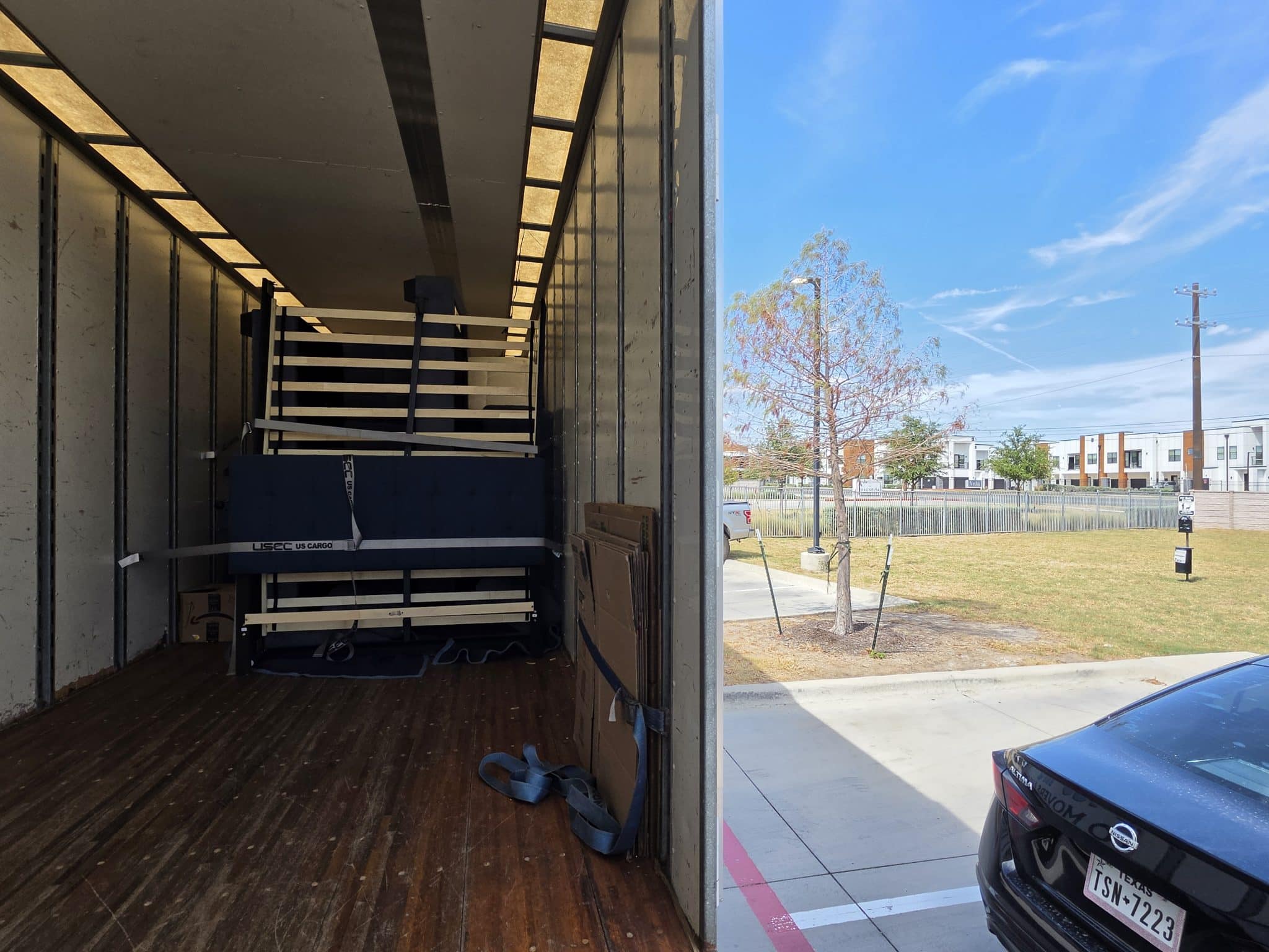 Secured load at The Magnolia, viewing Vida at Georgetown apartments. Inside view of a secured Moto Movers apartment load. Parked at The Magnolia, with a view of Vida at Georgetown apartments, in Georgetown, Texas.