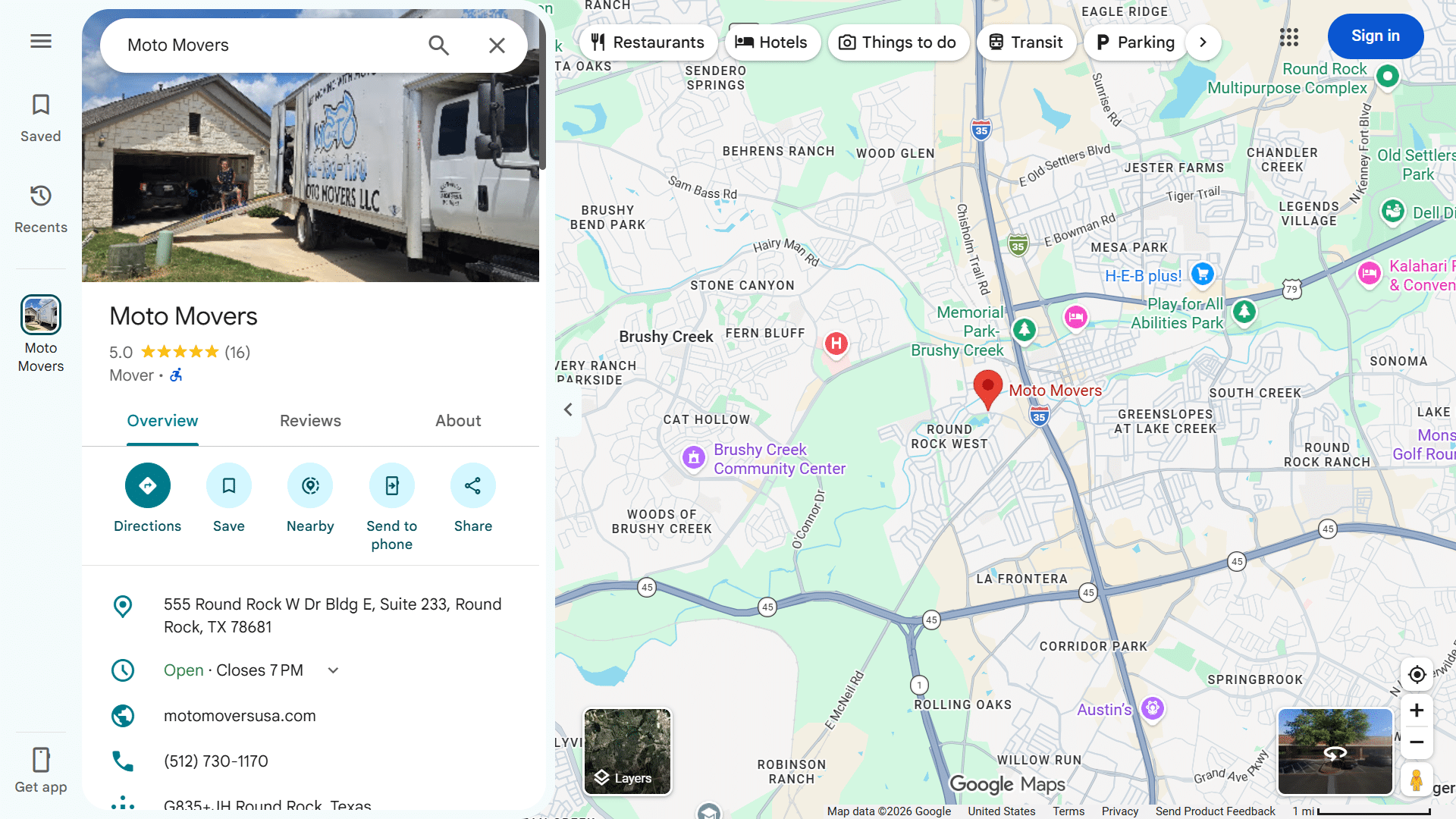 Moto Movers Texas on Google Maps Map showing Moto Movers headquarters location in Round Rock, Texas. 5 Star ratings, address, company website and phone number displayed.